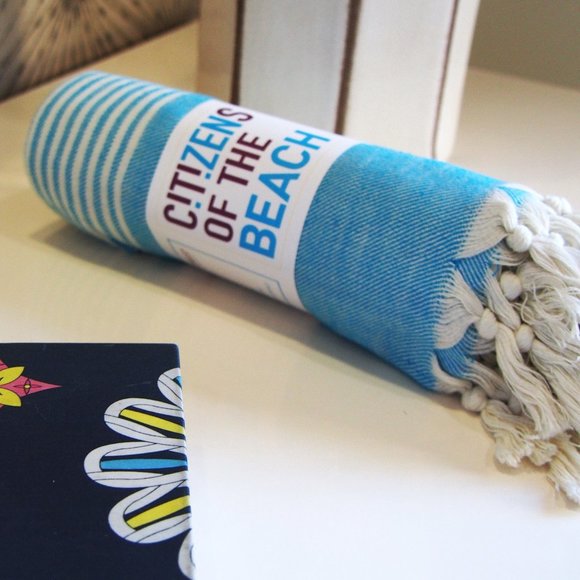 4 Sky Blue Striped Beach Bath Towels - 100% Turkish Cotton - Picture 2 of 3